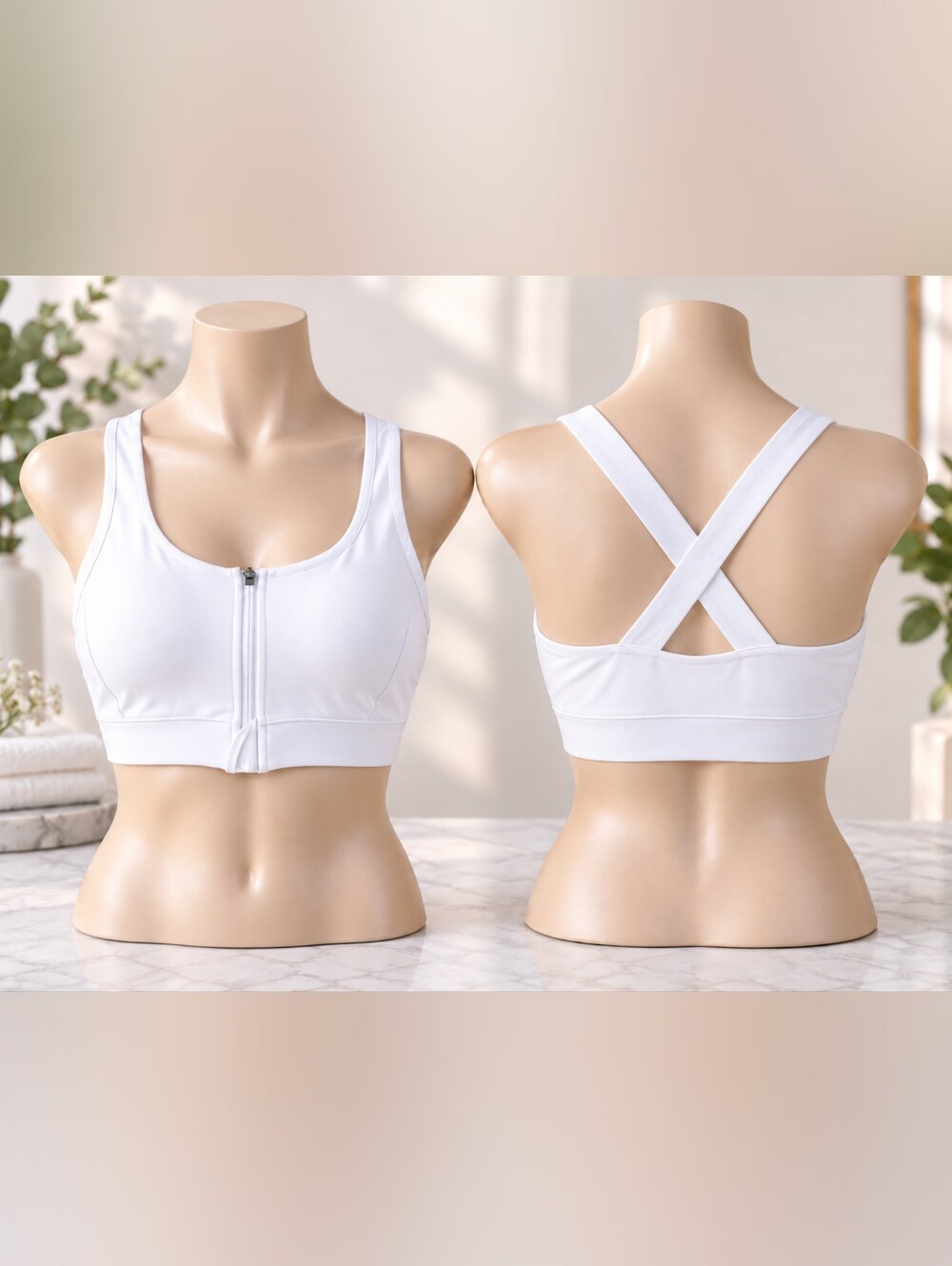 Women’s White Front-Zip Sports Bra with Crossback Straps